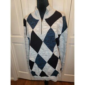 Men Gray/Teal Argyle 1/4 Zip Sweater Carbon L Preppy Retro Academia Church
